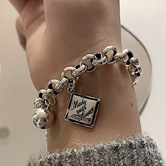 Sterling Silver Made with Love Bracelet Chain Link Ball Charm - Picture 7 of 12